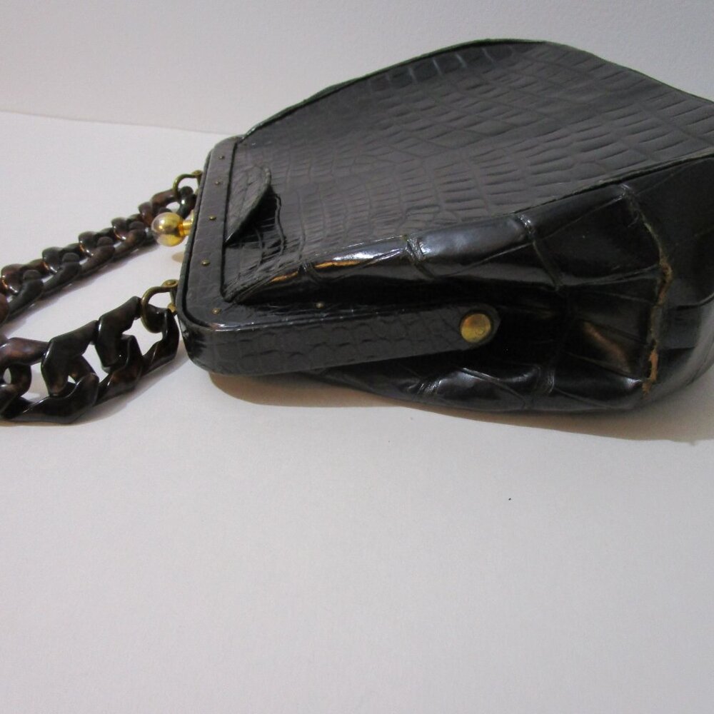 Crocodile Purse Top Handle Frame Vintage 1950s Glossy Black - Picture 8 of 16